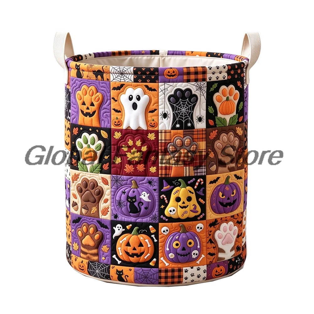 Halloween Paw Print Pumpkin Patchwork Quilted Storage Basket With Handles Laundry Hamper Foldable Clothes Home Organizer Bin