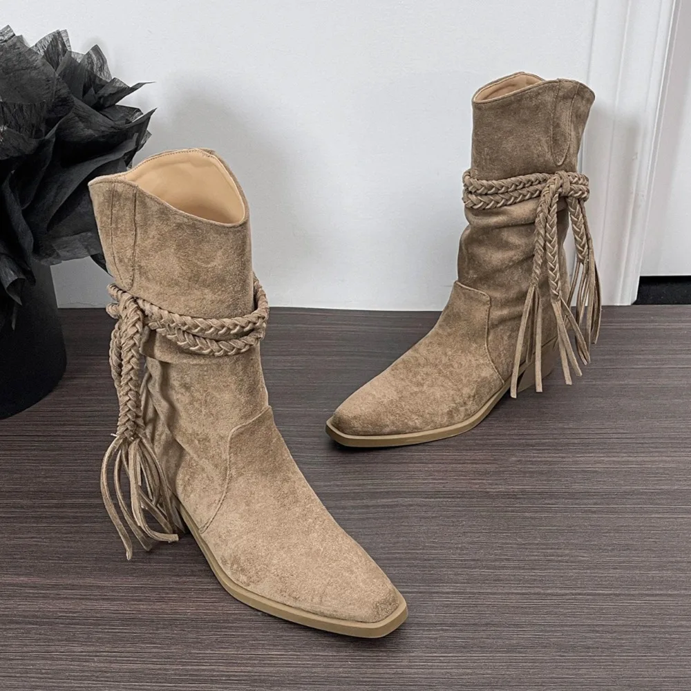المرأة الخريف الأحذية البيج الرجعية مهدب الأحذية النسائية الربيع والخريف أنبوب البراري وأشار كعب سميك أحذية بوت قصيرة للمرأة #3