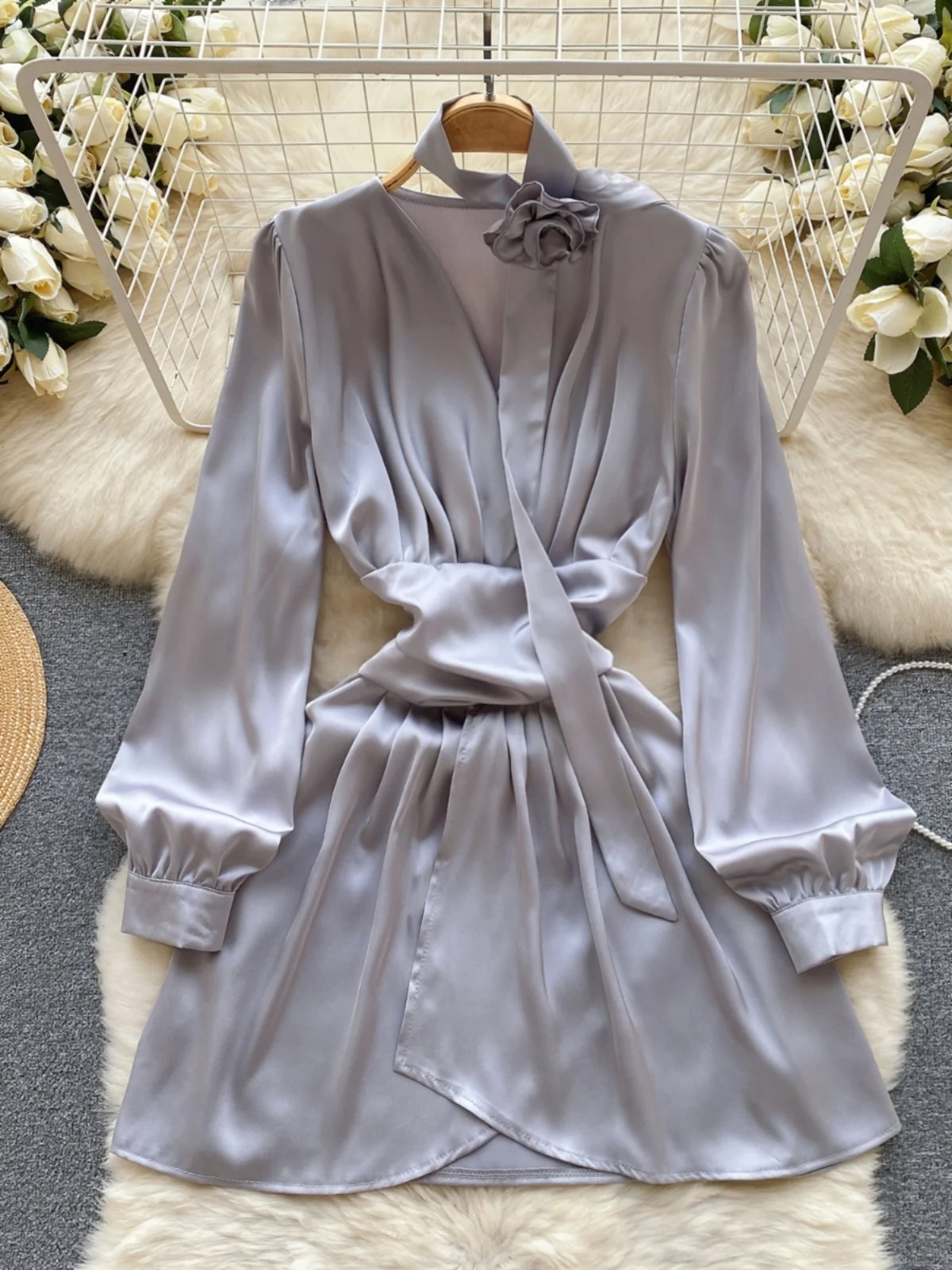 Ele Satin ort Fit Dr femmes longue Sve printemps nouveau Sle trajet coréen Sle taille haute a-ligne jupe toutes saisons