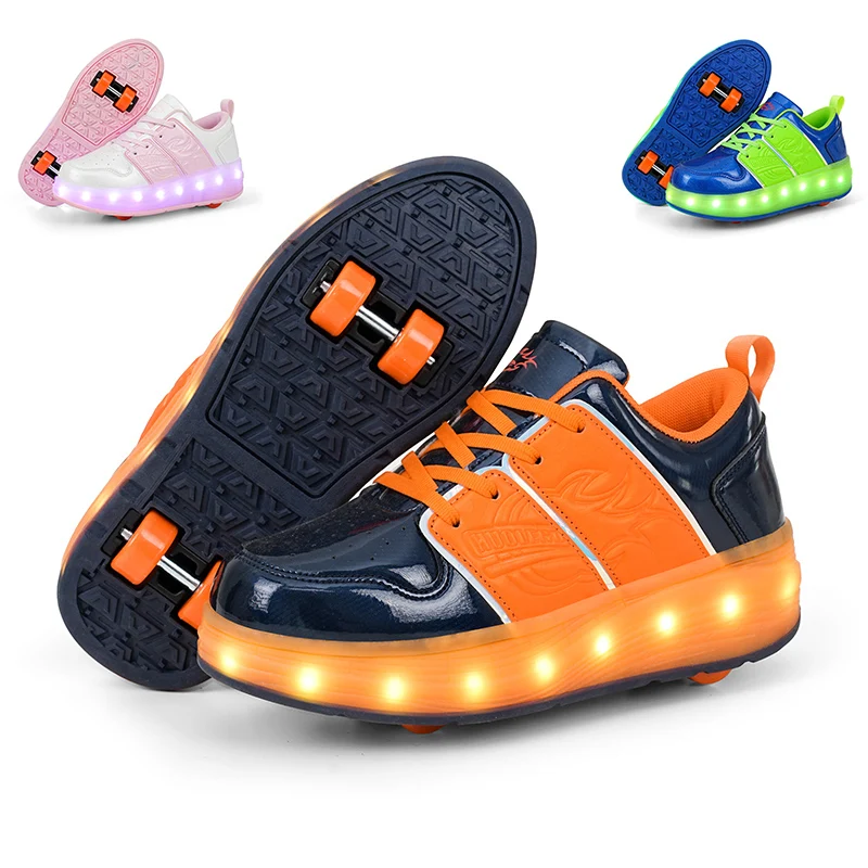 

USB Charging Flash Kids Student Glowing Shoes Four Wheels Roller Skates Shoe For Boys Girls Detachable Leather Lace Up Sneakers