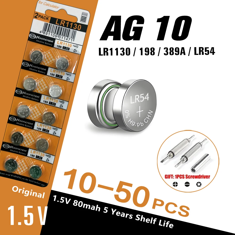 10-50PCS AG10 LR54 1.55V 80mAh Cell Coin  SR54 389 G10189 LR1130 SR1130 V10GA Alkaline Button Batteries for Watch Toys Remote