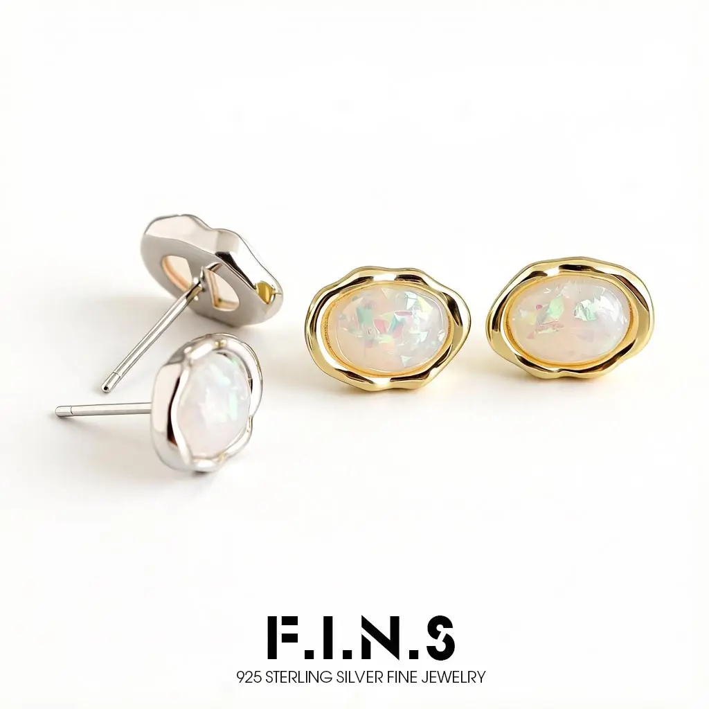 

F.I.N.S Real 925 Sterling Silver Elliptical Opal Gold Plated Stud Earrings for Women Classic Geometric Fine Jewelry Accessories