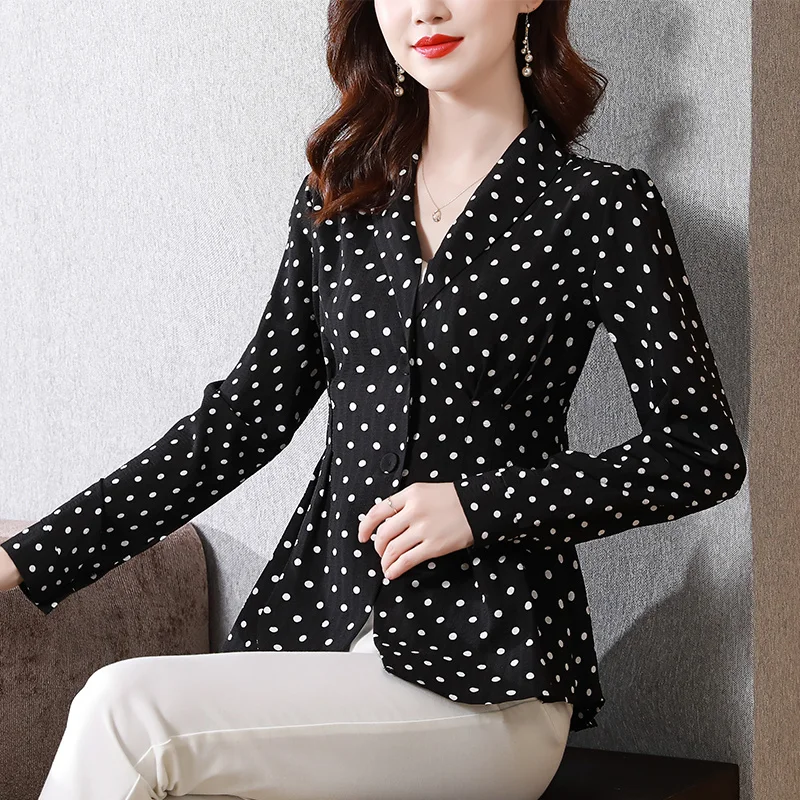 #2567 Polka Dot Women Tops Office Lady OL Shirt Button Slim Folds Shirt Notched Neck Puff Sleeve Black White Spring Autumn 2023