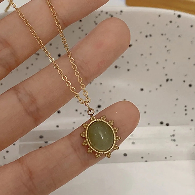 Bohemia Vintage Oval Pendant Necklace Geometric Gold Color Titanium Steel Natural Stone Necklace Jewelry Accessories Gifts