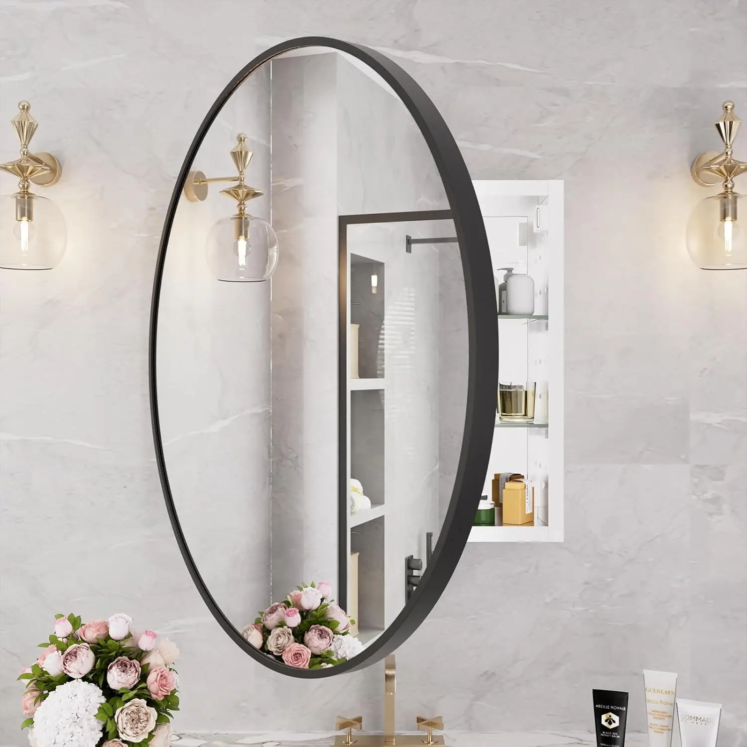 Bathroom Medicine Cabinet with Mirror, 28 Inch Black Round Mirror Medicine Mabinet Wall Mounted with Aluminum Alloy Metal Framed