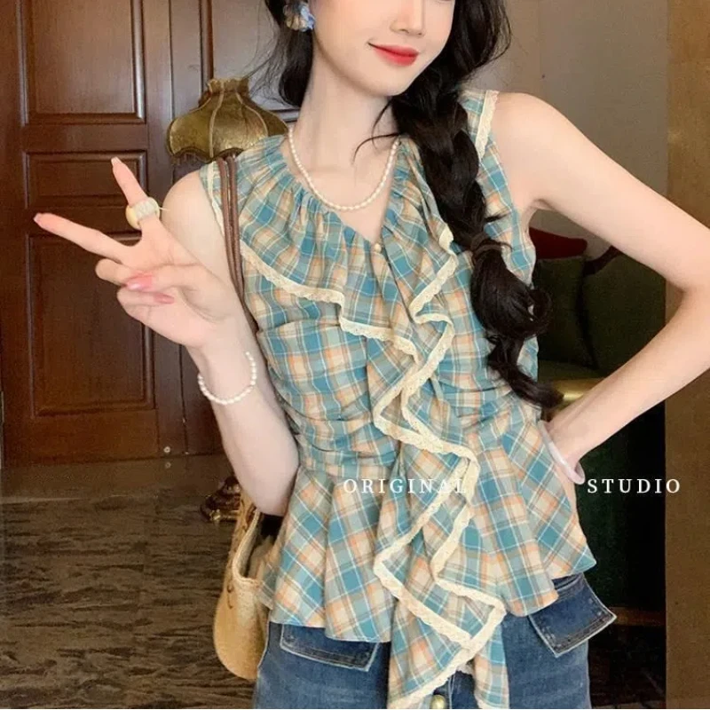 

Sweet Spicy Summer Women's Lolita 2024 New Spliced V-neck Button Ruffles Plaid Lace Sleeveless Fashion Casual Blouses Shirts