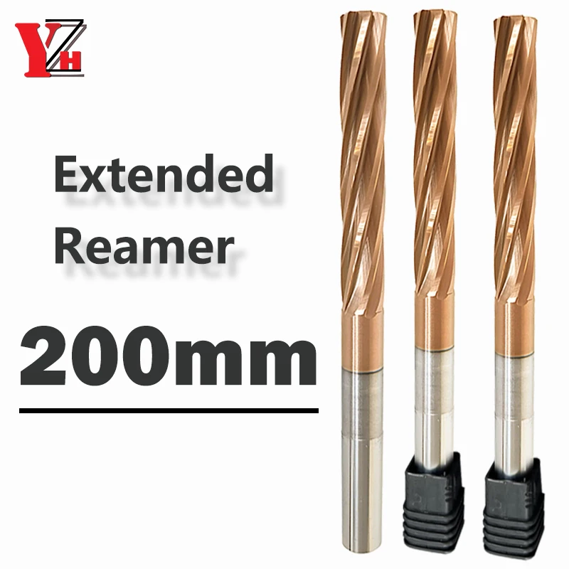 YZH 200mm Carbide Machine Reamer Extended HRC60 Coated Spiral Groove Tolerance H7 Harened Steel Metal Cutter CNC Turning Hole