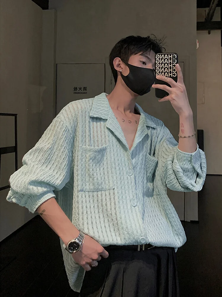 

Синяя текстурированная трикотажная мужская одежда с защитой от солнца irt Summer Vaion Sle, свободная длинная верхняя одежда на пуговицах све