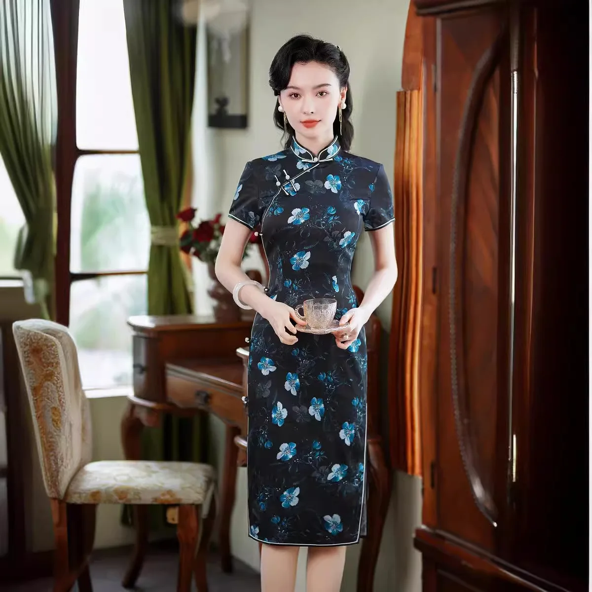 High Quality Real Silk Qipao Cheongsam Top Skirt Retro Waist-Controlled Tang Suit Chinese Style Printed Literary Daily Sheath