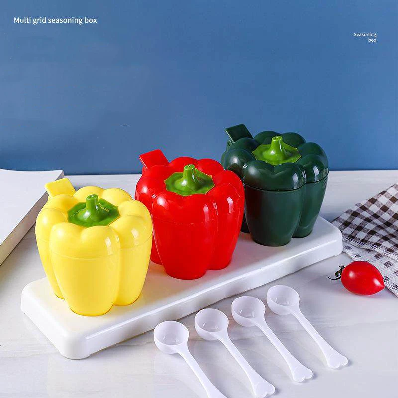 Chili Shape Plastic Seasoning Box 2026 New Household Four Grid Handle Splicing Apothecary Jar Kitchen Salt Shaker with Scoop