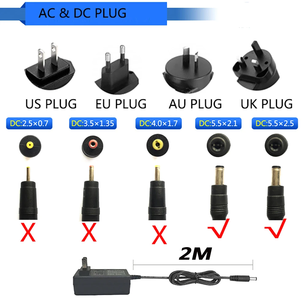 AC 110-240V DC 27V 0.5A Uniwersalny zasilacz Ładowarka Adapter Eu Us Wtyczka do pasków świetlnych LED Kabel DC 2 metry