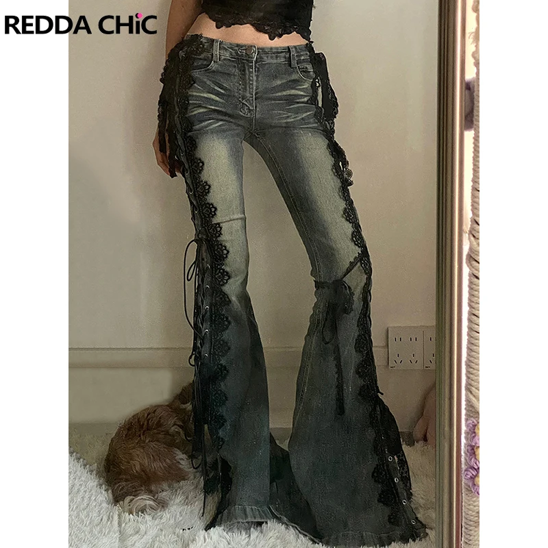 

ReddaChic Low Rise Laced Bootcut Pants Women Bell Bottoms Do Old Sexy Skinny Hollow Out Flare Jeans Retro Vintage Y2k Streetwear