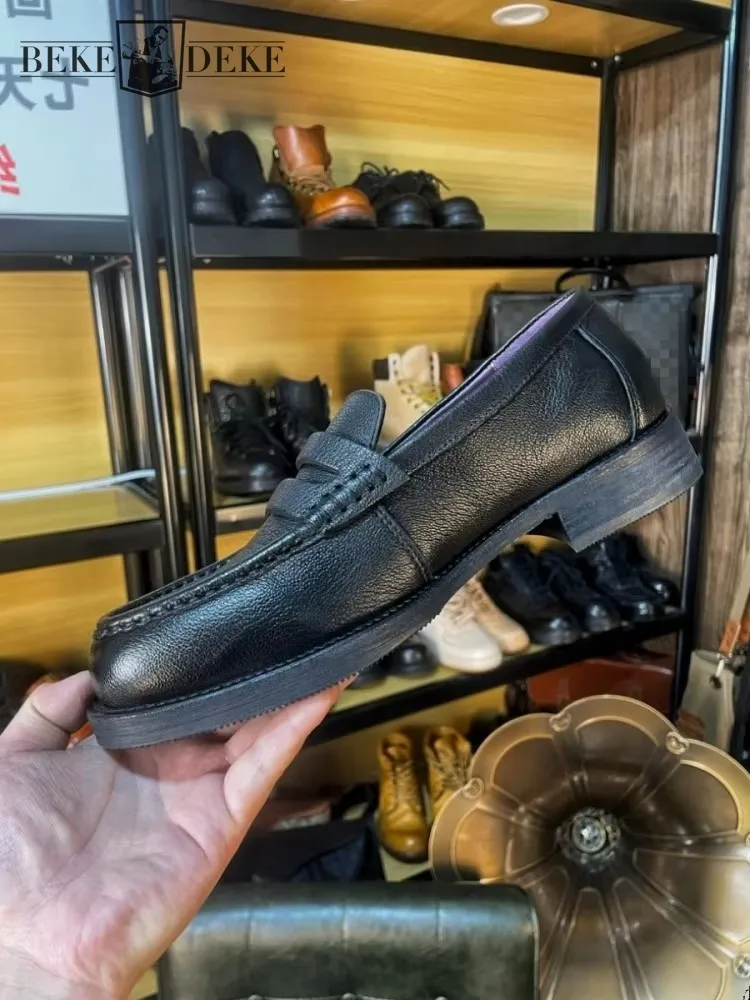 

Fashion Men Loafers Handmade Genuine Leather Footwear Buckskin Mens Casual Shoes Lace Up Round Toe Solid Color Daily Comfortable
