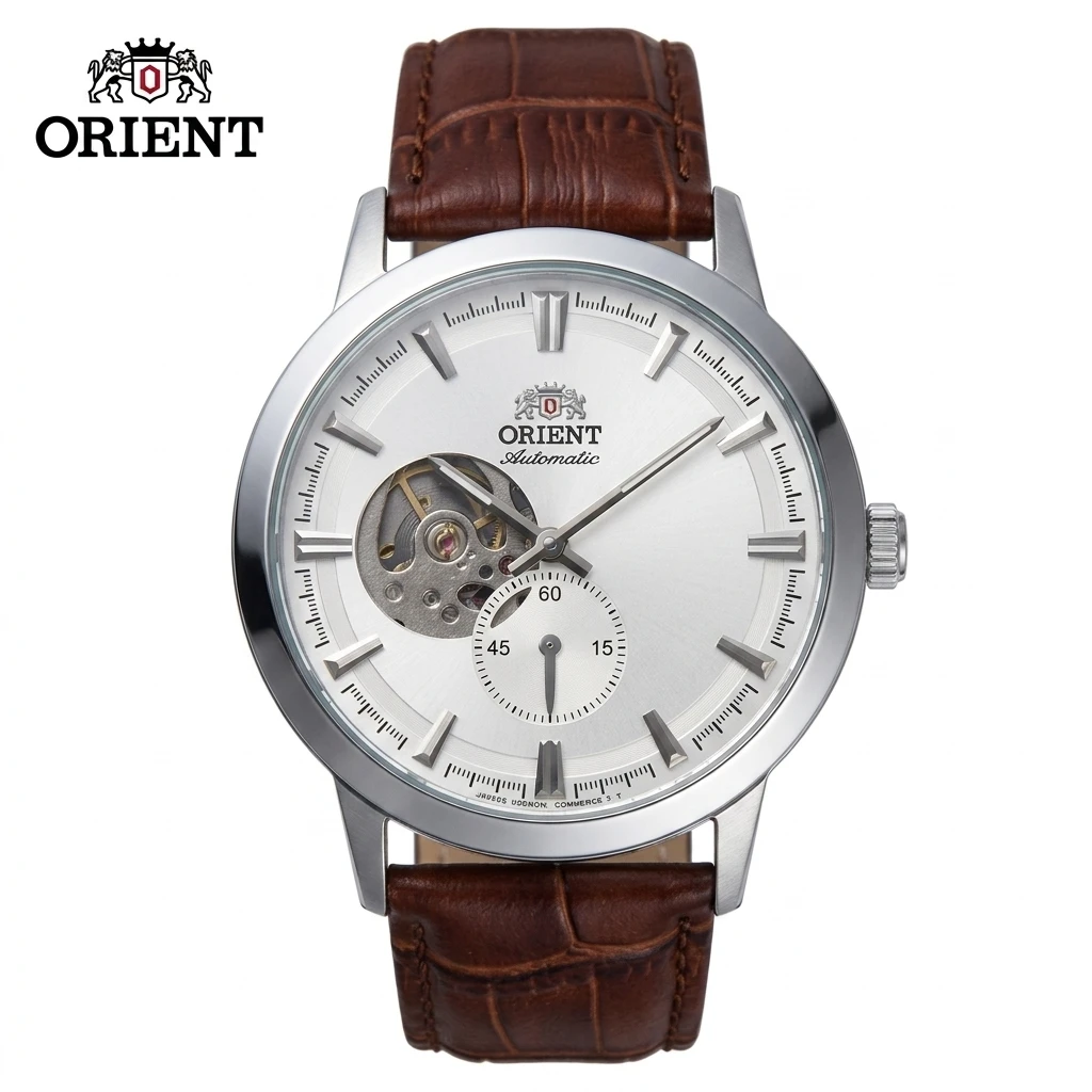 Orient Japan Men Open Heart Skeleton Automatic Mechanical Business Watch, Small Second Dial Cowhide Leather Strap Wristwatch