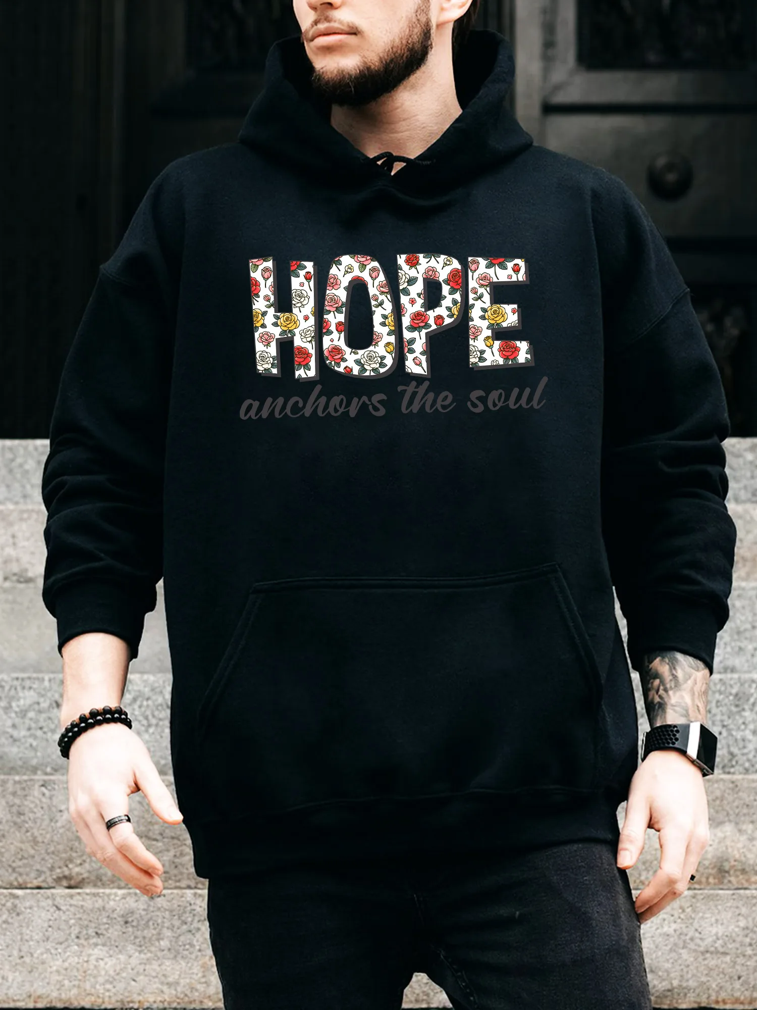 Floral Hope Anchors the Soul Men's Drawstring Hoodie - Casual Comfortable Black Pullover, Fall & Winter Hooded Sweatshirt