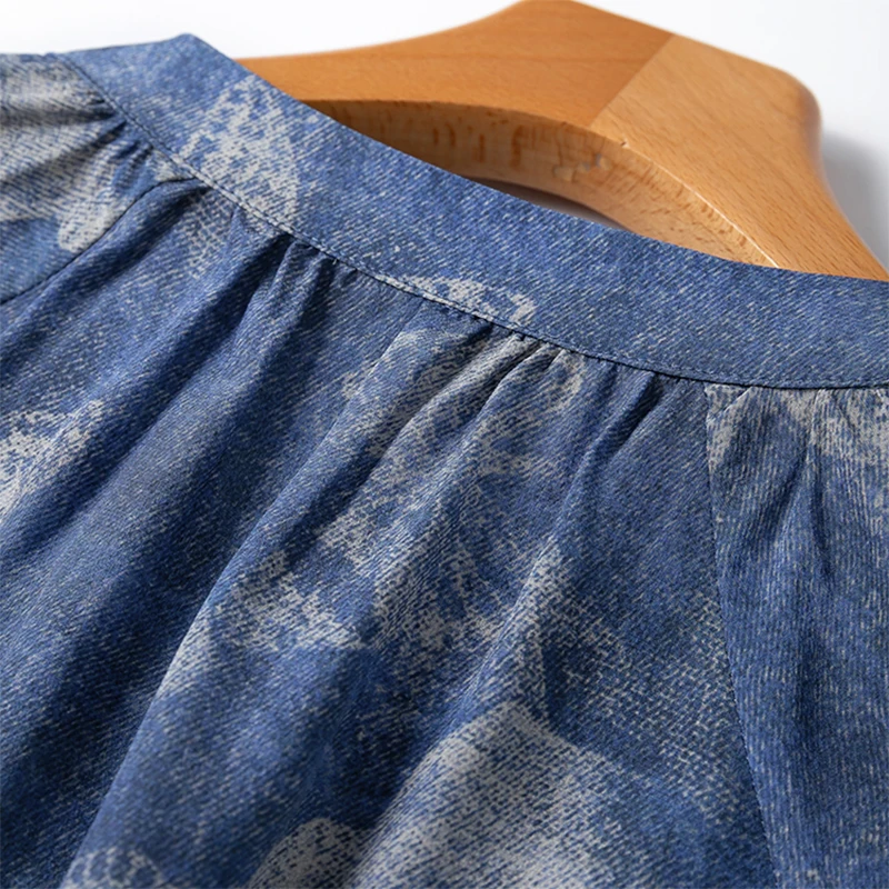 Vrouwen Zijden Blouse 100% Moerbei Crêpe Zijde Denim Blauwe Vlinder V-hals Trui Top Shirt Office Lady M1208