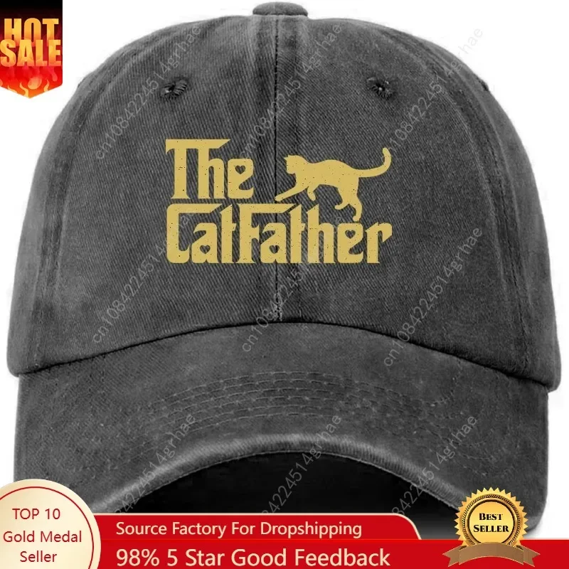 

Funny Cat Hats The Catfather Printed Cotton Adjustable Baseball Caps Men's Retro Distressed Washed Black Baseball Hats Trendy Bi