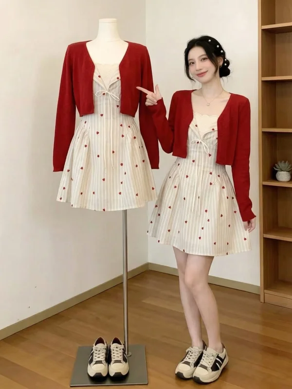 

Summer Fashion Sweet And Spicy Red Dress Outerwear Set Women's plus Size Clothing Short Sleeve Long Sleeve round Neck Design