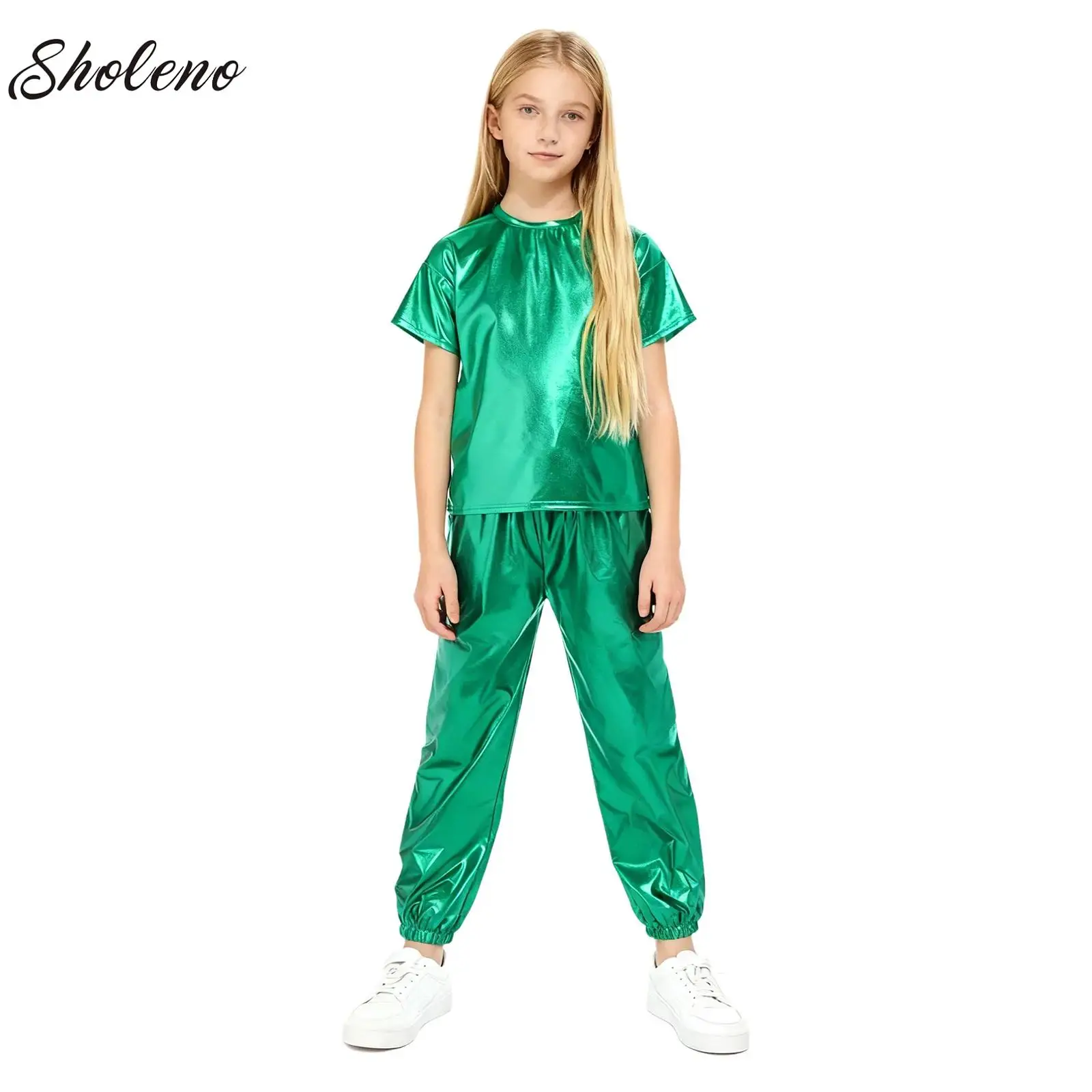 

Boy Girl Hip-hop Metallic Jazz Dance Costume Set Child Modern Street Cheerleading Hip Hop Stage Performance Clothes Dancewear