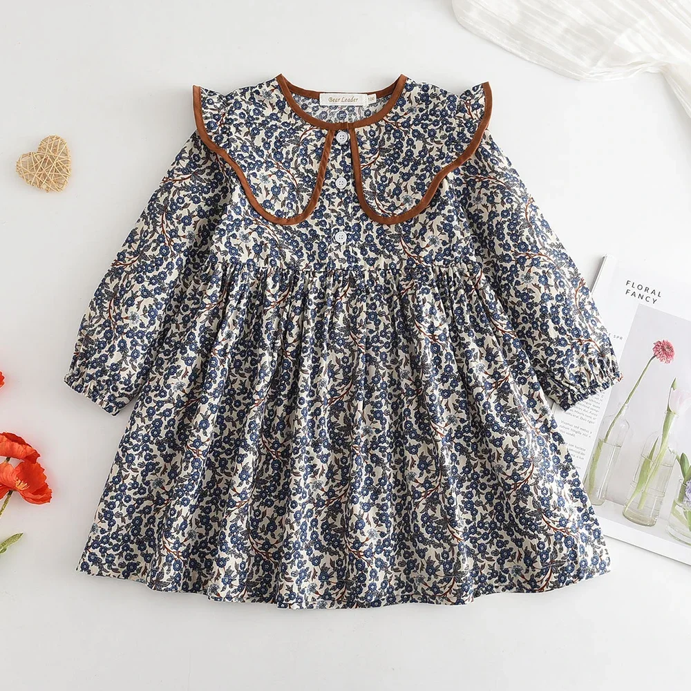 Bear Leader Korean Version Children's Dress 2026 Autumn Fashion New Flower Print Long Sleeved Lapel Girls' Casual Dresses
