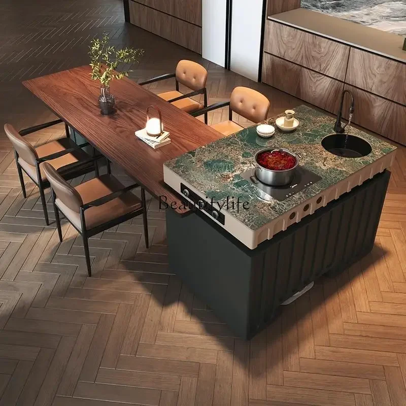 54High-end multi-functional solid wood rotating retractable island dining table integrated household