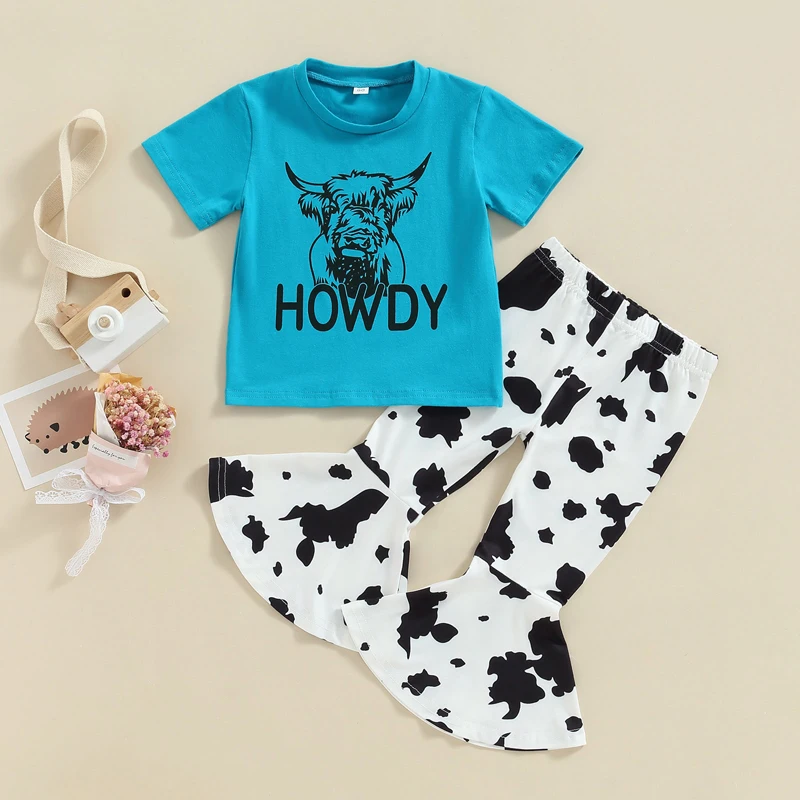 Baby Girl Clothes Short Sleeve Howdy Summer Cow Bell Crewneck T-shirt Bottoms Outfit Pants Print Print