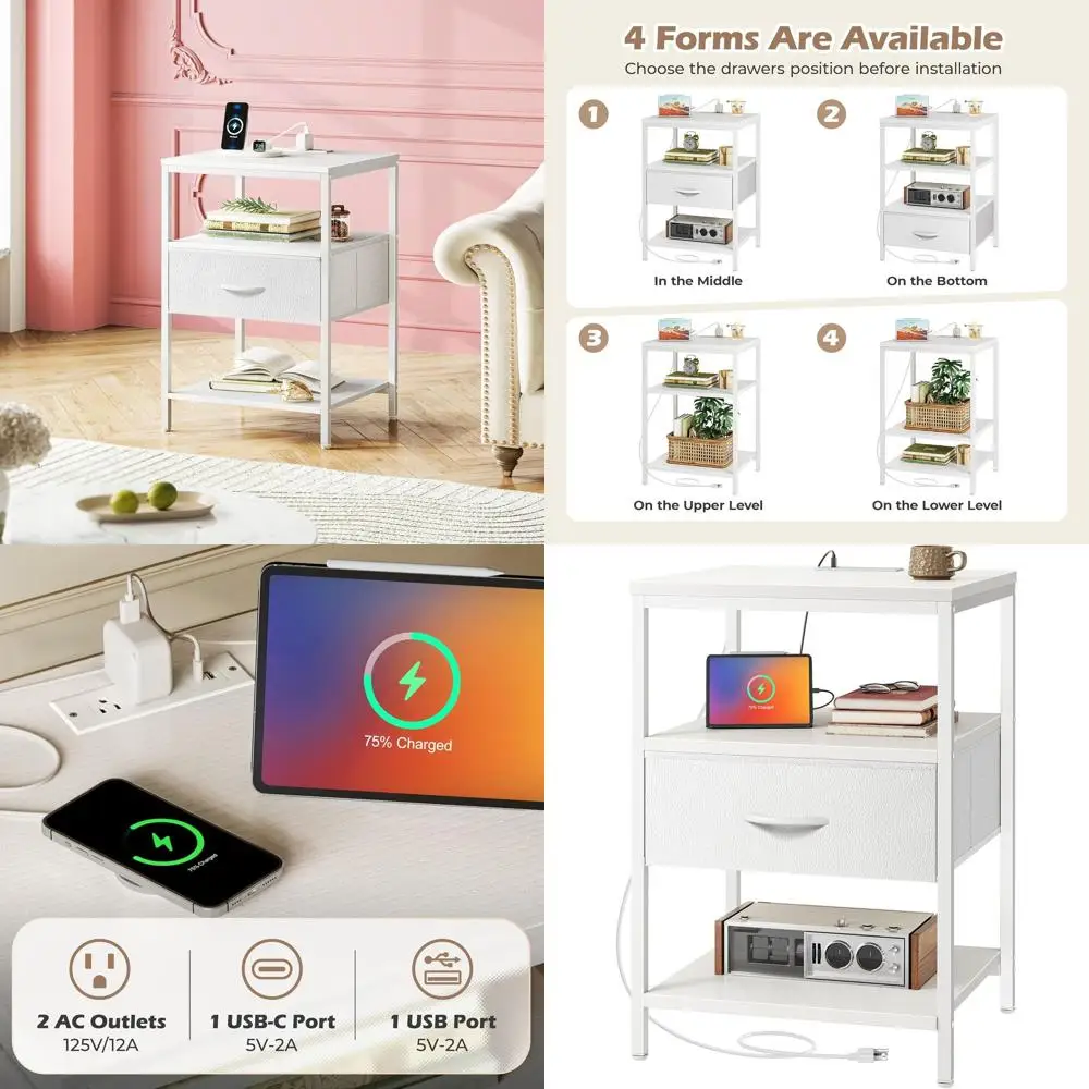 

Белая 3-уровневая прикроватная тумбочка с регулируемыми ящиками, шириной 17,7 дюймов, прикроватный столик для спальни с поверхностью из искусственной кожи