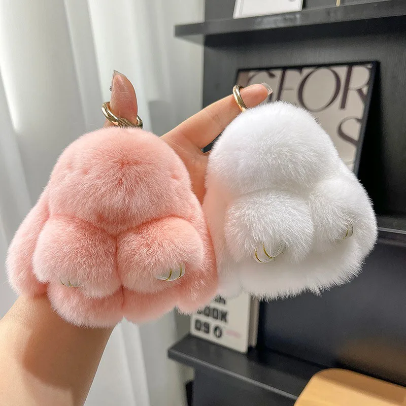 

2023 Colorful Rabbit Keychain Girl Bag Key Ring Real Rex Rabbit Plush Fluffy Ball Rabbit Charm Key Ring Ornament Car Key Pendant