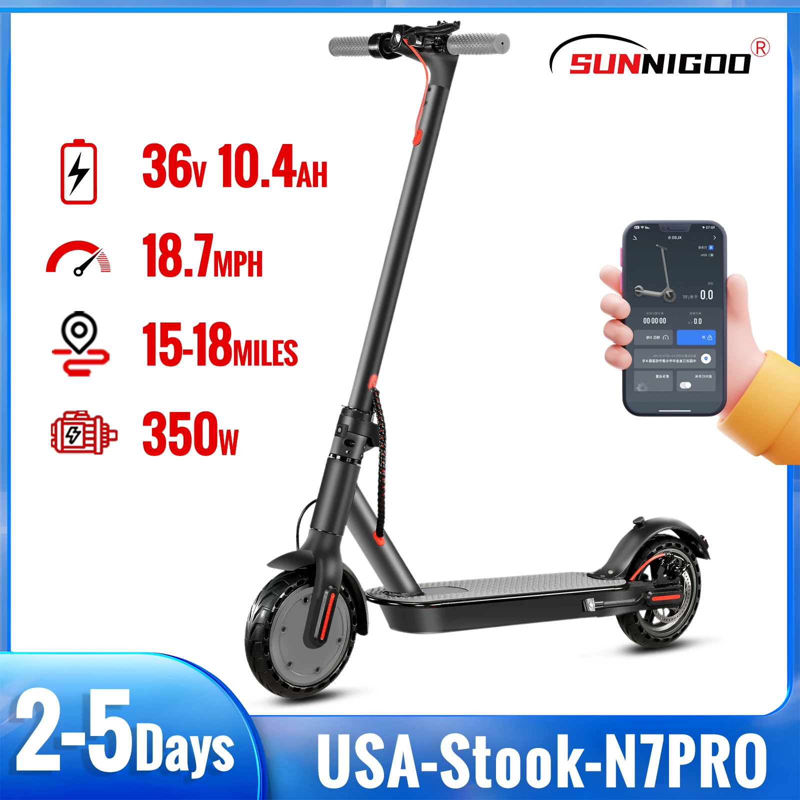 SUNNIGOO N7PRO Electric Scooter 350W 18 Mph APP Scooter For Teenagers Outdoor Tools Toys Gift ‎8.5 Inch Folding Electric Scooter