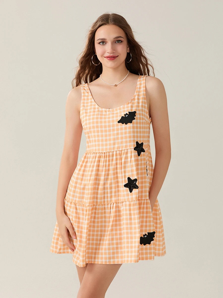 Mini abito da donna senza maniche con scollo a U, pipistrelli scozzesi, abito a canotta con stella, abito estivo a trapezio