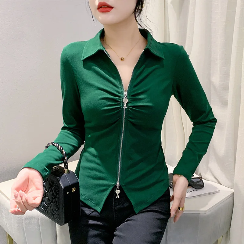 #7954 Black Red Green Office T Shirt Women Turn-down Collar Zipper Short T Shirt Female Folds Sexy Skinny Women's T-shirt Slim