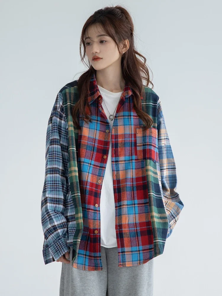 Plaid Shirts Women Contrast Color American Retro Nostalgic Baggy Slouchy Long Sleeve Streetwear All-match Ladies Clothing Autumn