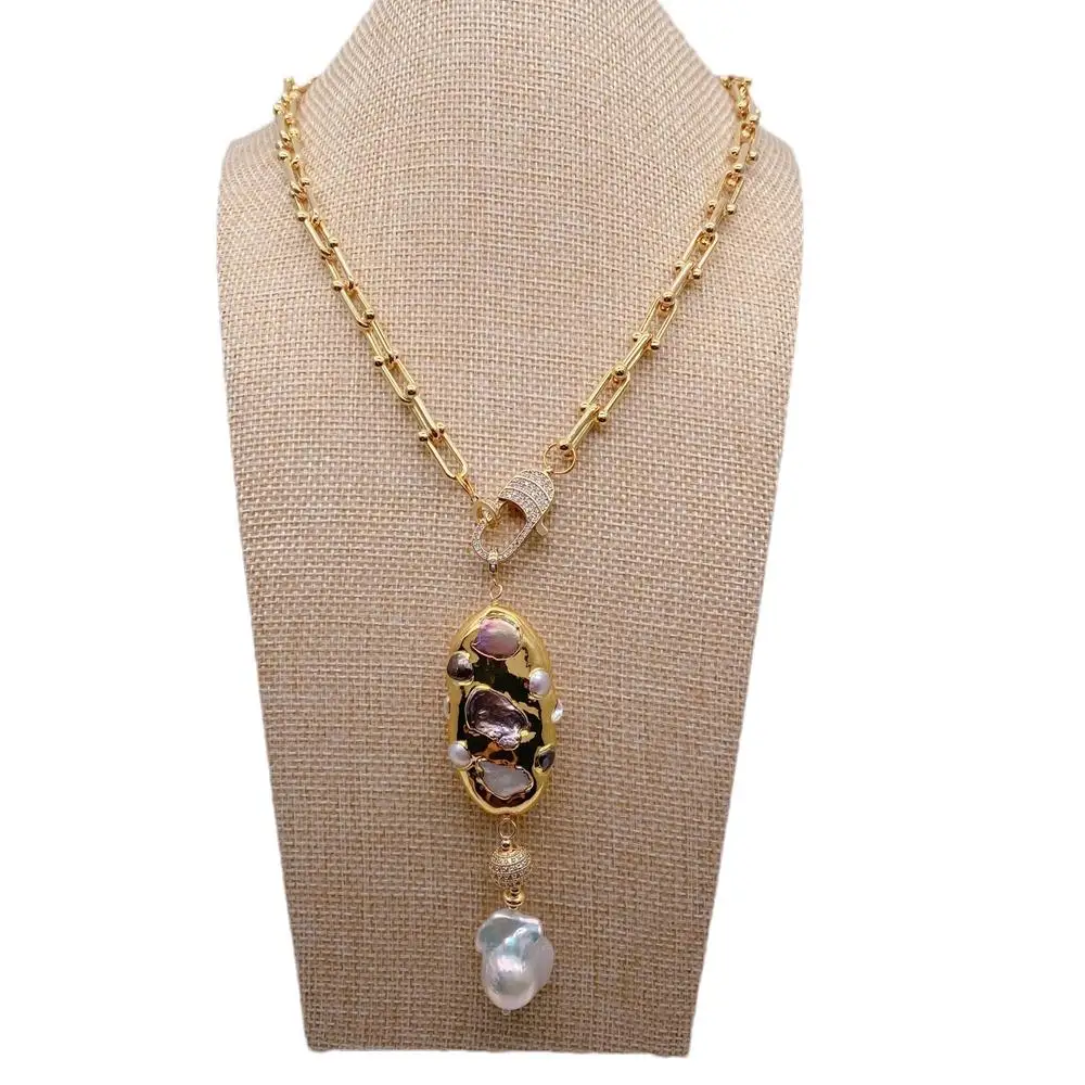 Kkgem 17x23mm White Baroque Pearl   Freshwater Multi Color Pearl Pendant 26x50mm Gold Plated Chain Necklaces view 6