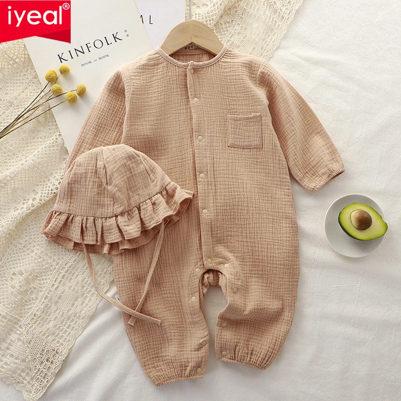 

Детский комбинезон IYEAL для новорожденных, весна-осень, новый, длинный, хлопковый, однотонный, из марли, летняя пижама для малышей