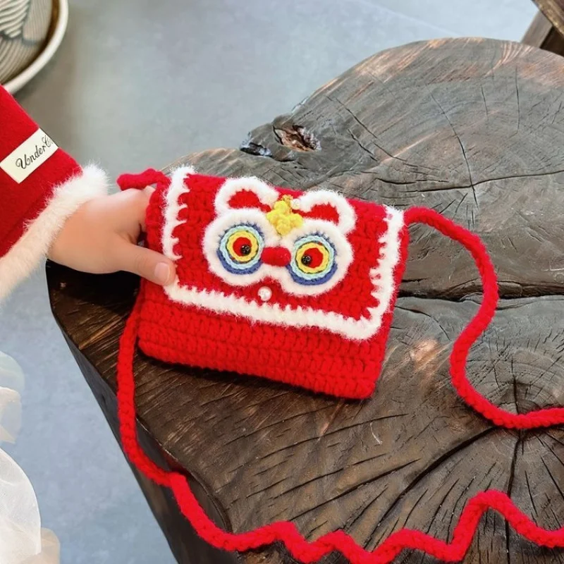 2025Christmas New Year Knitted Handmade Chinese Style Lion Pattern Crossbody Bag for Children Gift Backpack