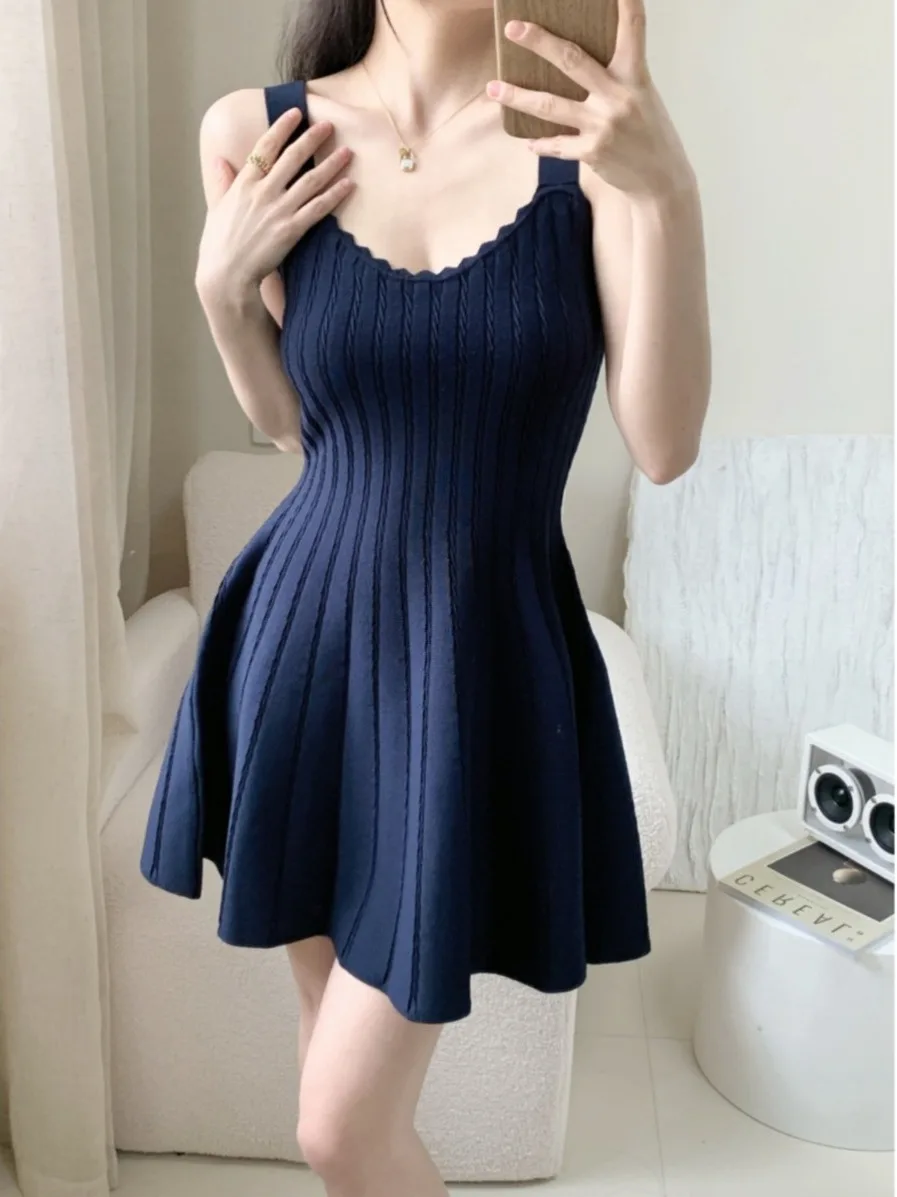 

Summer New Style Thin Knitted Wave Collar Simple Small Fragrance Wind Strap Dress Short Skirt Women Sweet Style Slim Fit Poly...