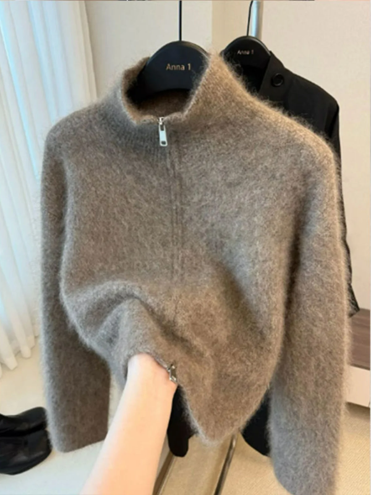 

New Fashion Zipper Knitted Cardigan Temperament Stand Collar Soft Mohair Top Coat Women's Autumn Winter Loose Warm Sweaters