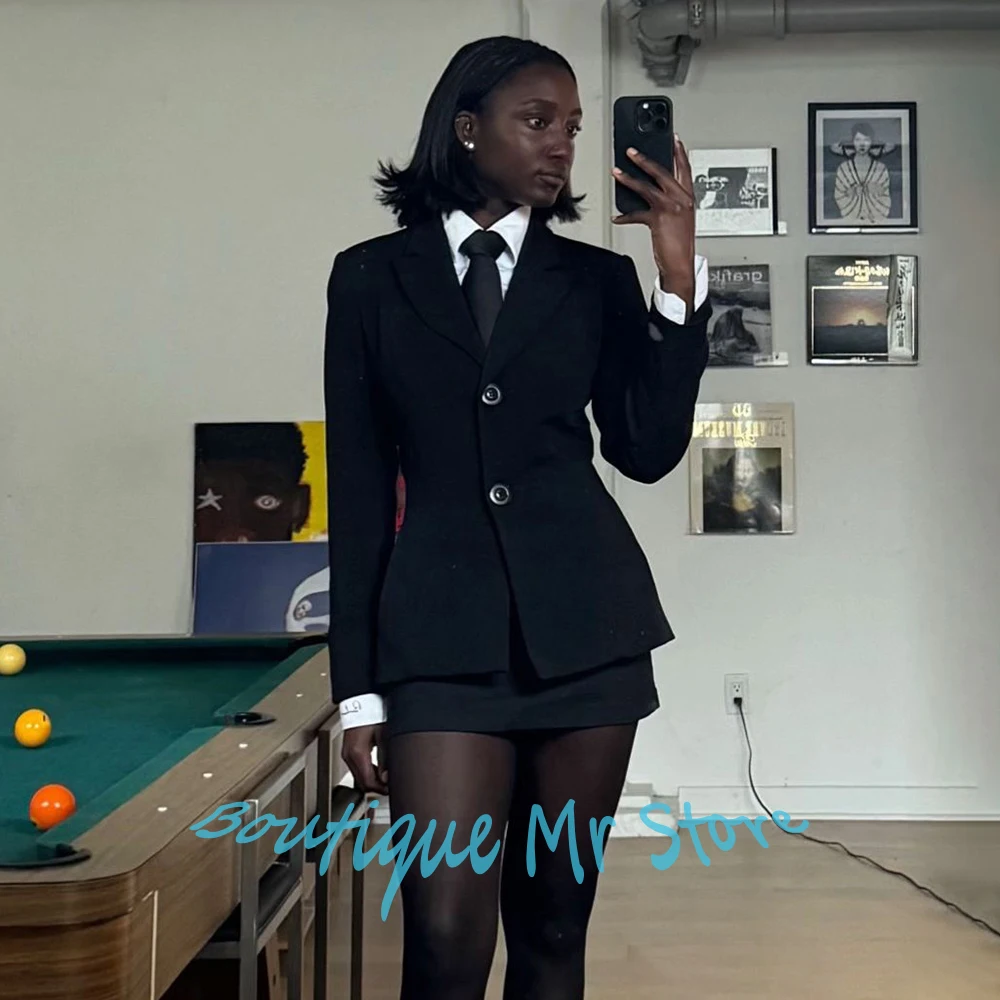 

Modern Women's Clothes Slim-Fit Black Two-Piece(Jacket+Mini Skirt) Suit Set Tailored Single Breasted Blazer Preppy Casual Wear