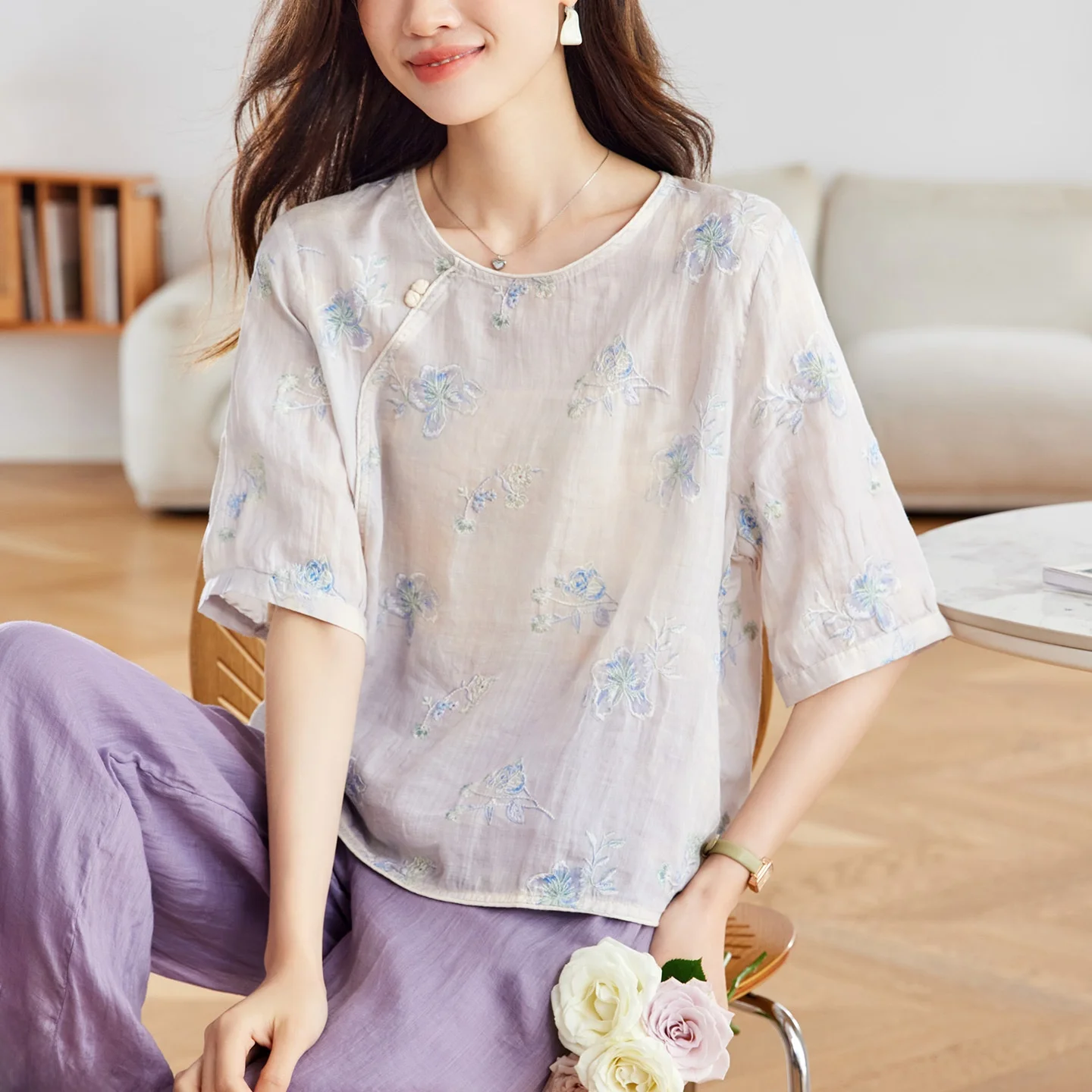 

Ele Thin Cotton Silk Women's irt Embroidered Heavy Work Summer New Sle Loose Fit Five Sve Lightweight Blouse