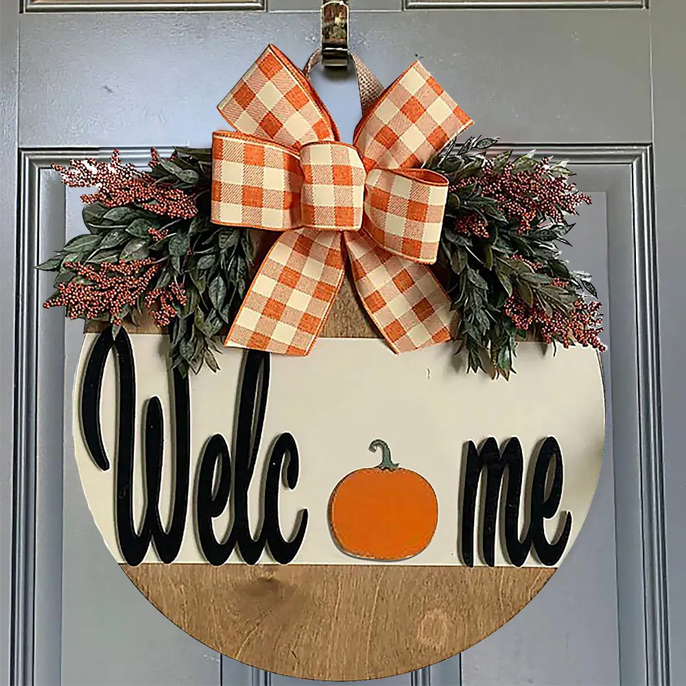 Halloween Pumpkin Door Ornament With Big Bow Front Desk Sign Wooden Welcome Crafts Autumn Door Hanging Wreath Christmas Homewear