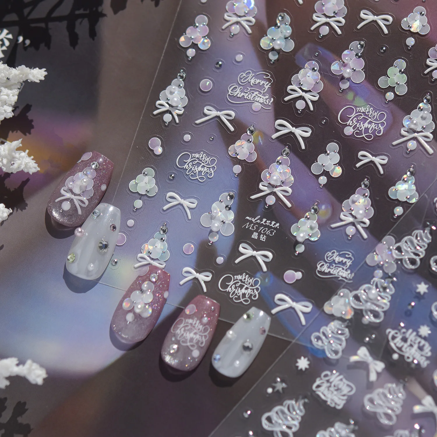 Nail Art Stickers Crystal Rhinestone Silver New Winter Dreamy Christmas Tree Adhesive Decals Glitter DIY Manicure Holiday