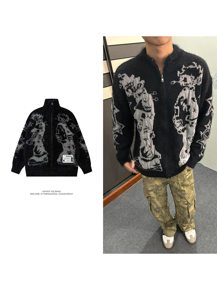 

Autumn Winter American Sle Knitted Cardigan Sweater ex Loose Fit Floral Embroidery Long Sve round Ne Top