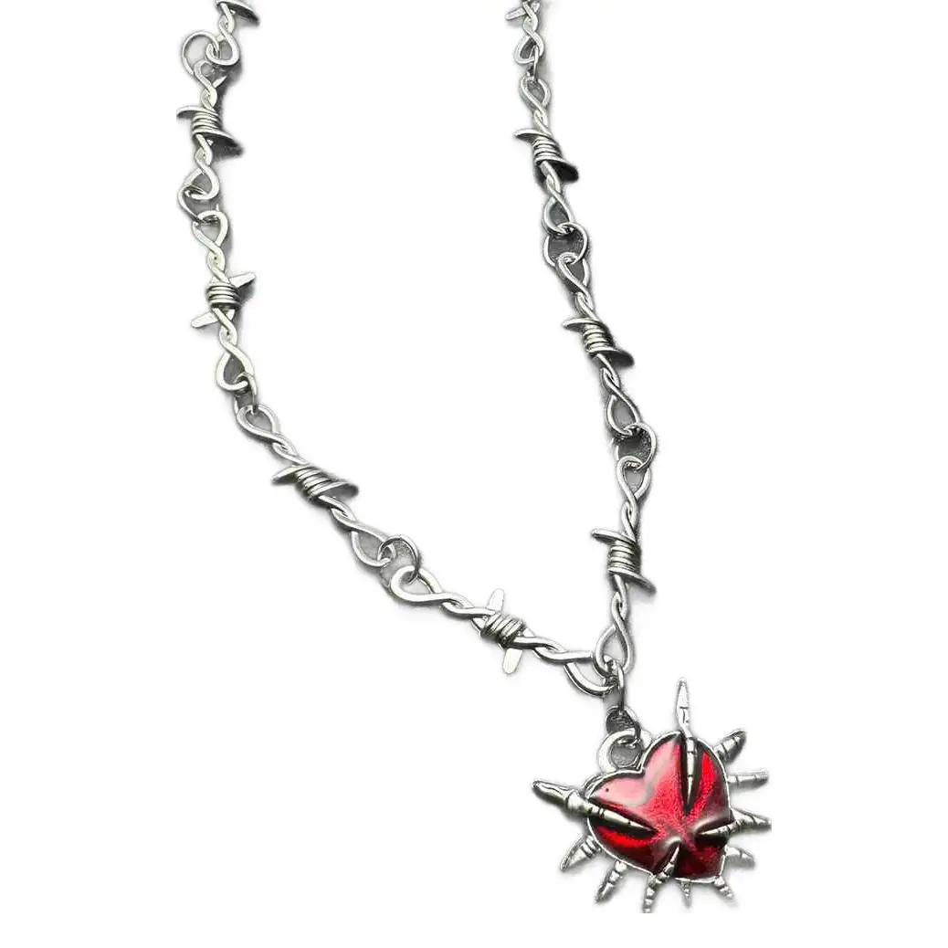 Y2k القوطي الشوك فتاة باردة القوطية الصليب الأحمر القلب قلادة القلائد للنساء خمر شوكة سلسلة مجوهرات الهالوين #5