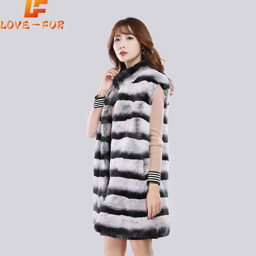 

Fashion Real Fur Coat With Hood Vest Long Winter Vest Large Fur Hood Rex Rabbit Chinchilla Fur Hooded Vest Women Real Fur Vest