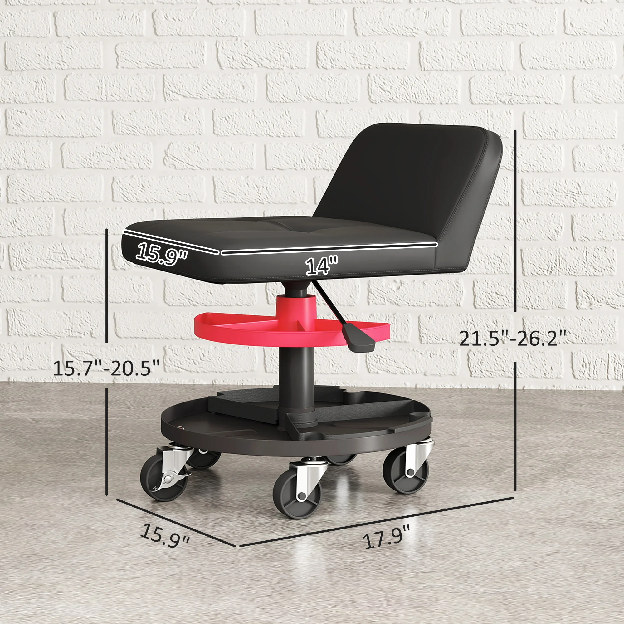 

TORQMAX Heavy Duty Rolling Creeper Stool 300LBS Pneumatic Adjustable Height 360LockingWheel DualTiered Tool Tray Garage Mechanic