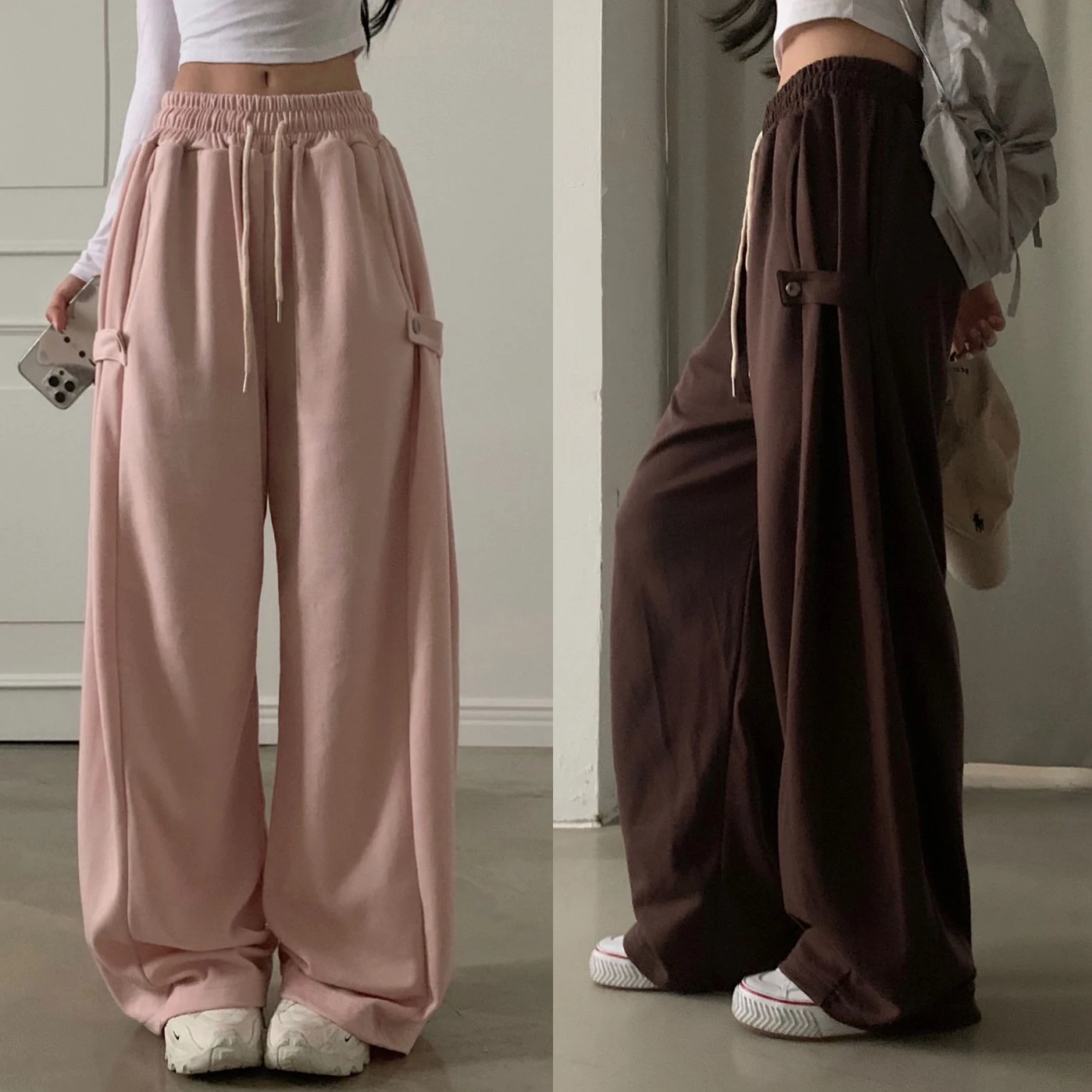 Casual Commute Wide Leg Pants Elastic Waist Diagonal Buckle Design Polyester Fiber Long Pants Women's Fashion Chic Style