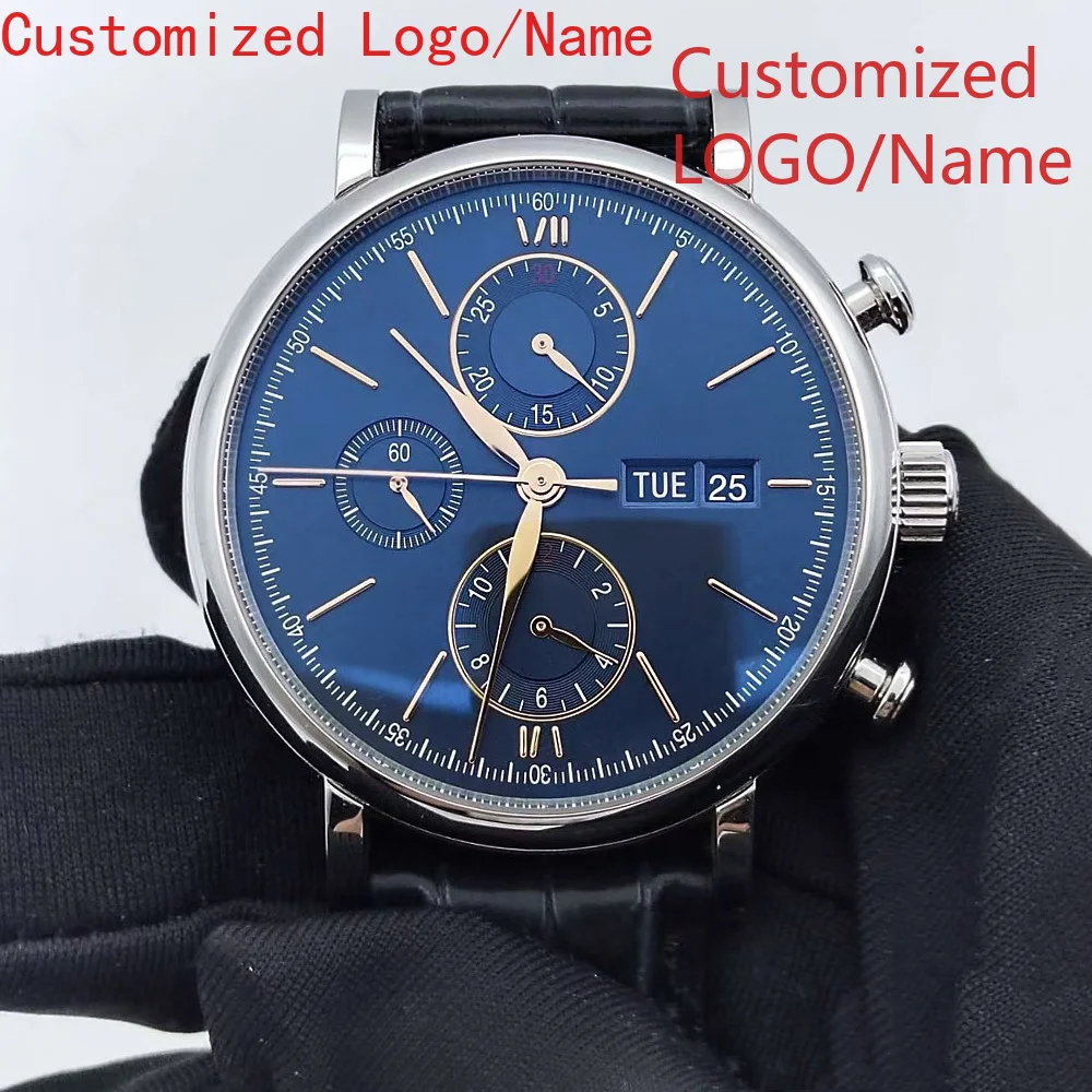 Calendário mostrador romano safira luxo novos homens relógio mecânico automático de aço inoxidável preto azul relógios de couro personalizado