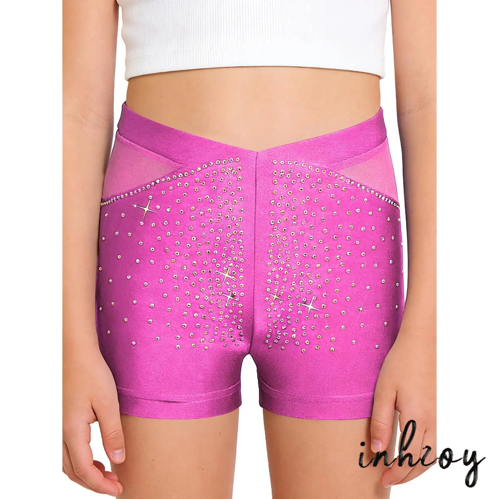 

Kids Girl Gymnastics Dance Shorts Figure Skating Performance Dancewear Elastic Waistband Breathable Mesh Patchwork Ballet Shorts