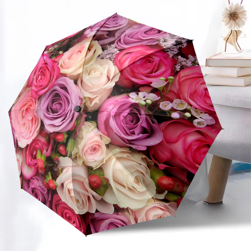 

Зонт с красивыми розами, модный, с автоматическим открытием, 8, железные ребрышки, пластиковая ручка, складной солнцезащитный козырек, идеальные праздничные подарки