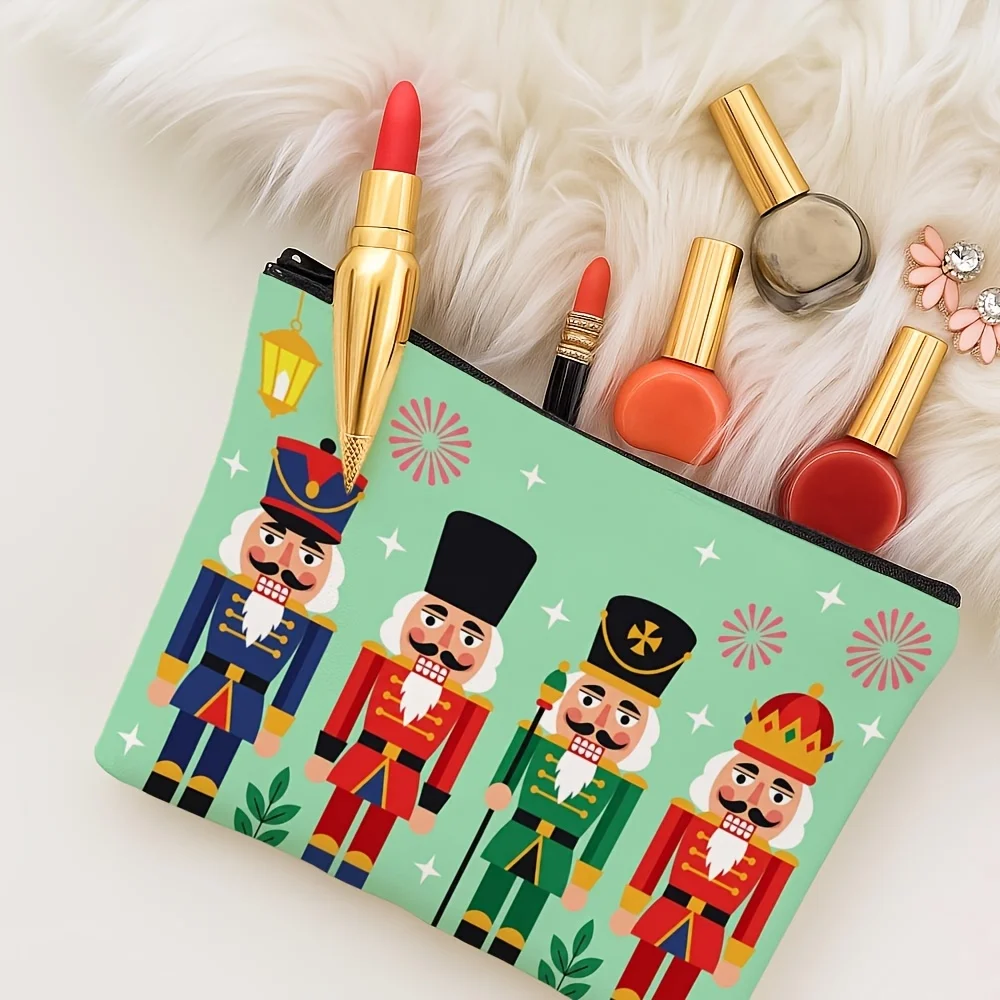 Cartoon Four Nutcracker Soldiers Lantern Star Firework Pattern Christmas Cosmetic Bag Portable Travel Makeup Pouch Xmas Gift